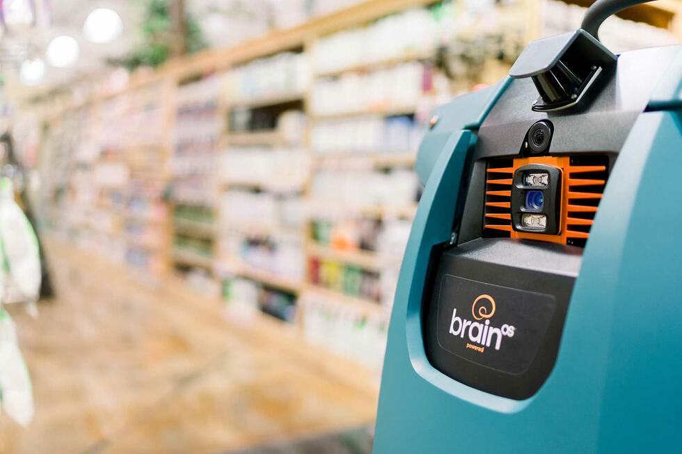 Close up from cleaning robot at a supermarket