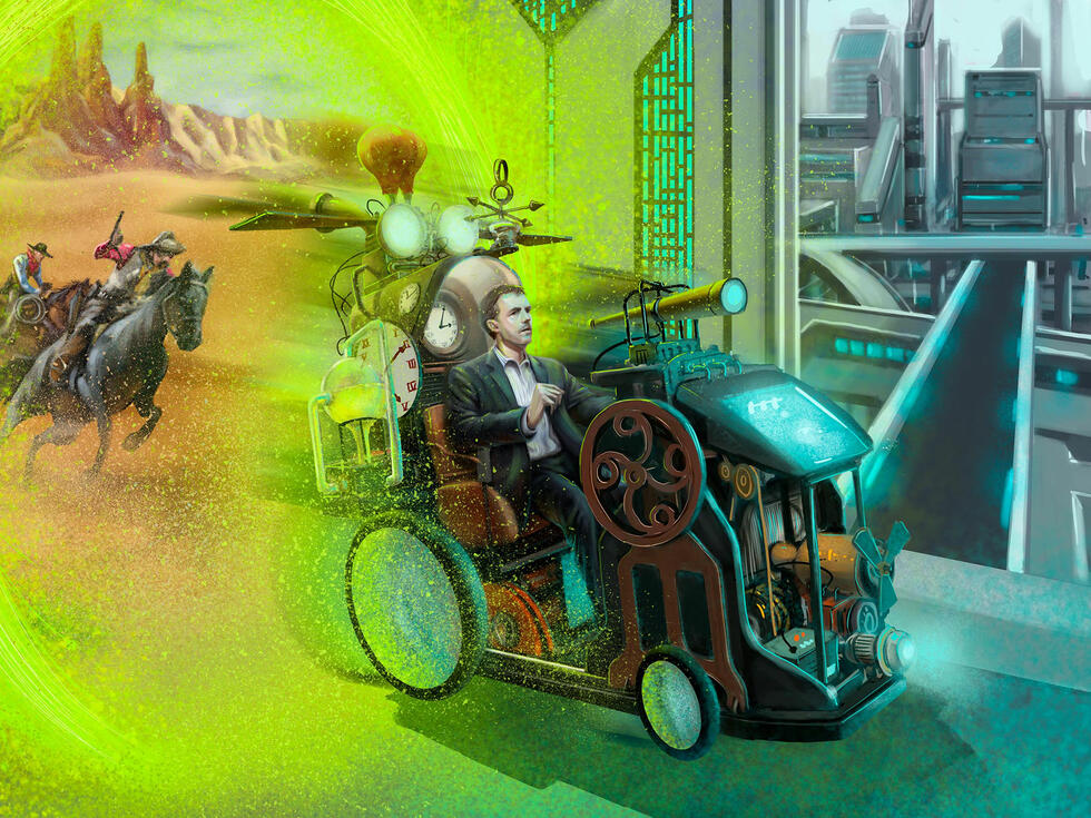 Illustration of Norman Sieroka sitting in a time machine